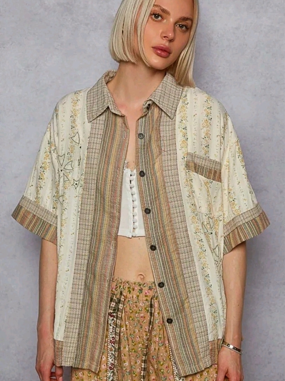 POL Cream Beige Striped & Floral Short Sleeve Button-Up Shirt